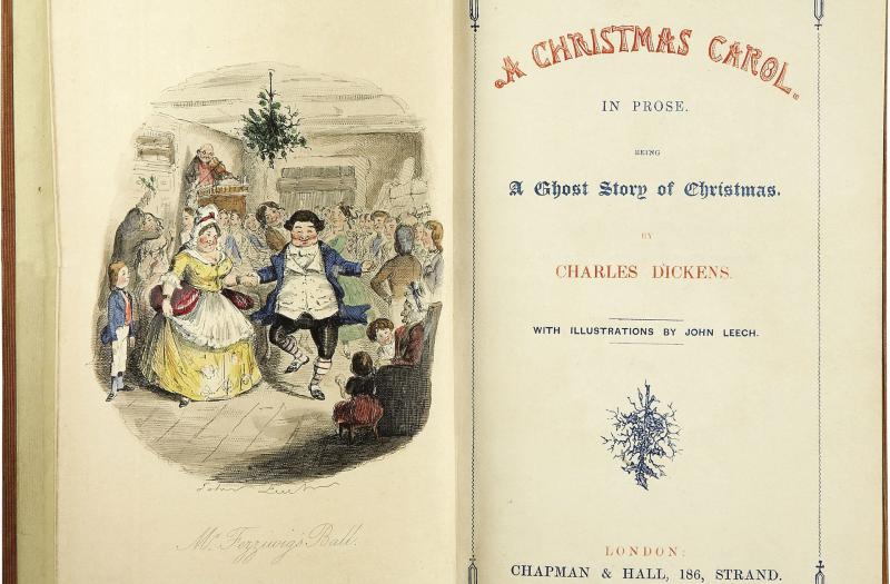 Titelblatt der Erstausgabe von "A Christmas Carol", kolorierte Illustration von John Leech